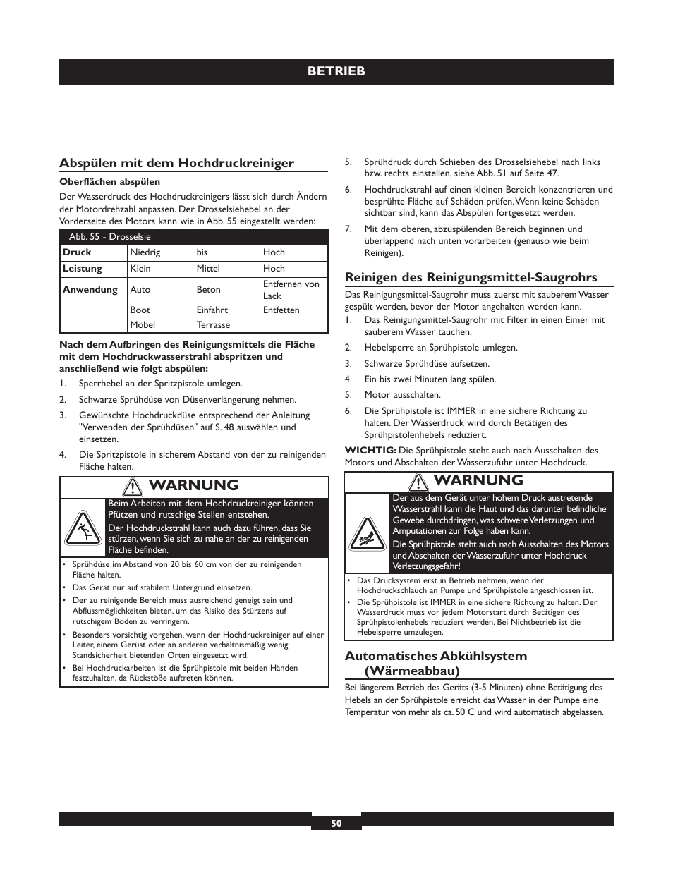 Warnung, Betrieb, Abspülen mit dem hochdruckreiniger | Reinigen des reinigungsmittel-saugrohrs, Automatisches abkühlsystem (wärmeabbau) | Briggs & Stratton 20224 User Manual | Page 50 / 92