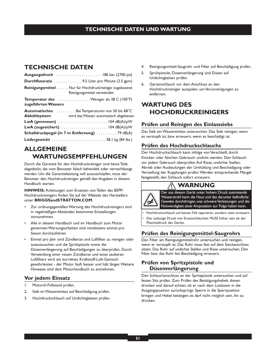 Technische daten, Allgemeine wartungsempfehlungen, Wartung des hochdruckreinigers | Warnung | Briggs & Stratton 20224 User Manual | Page 51 / 92