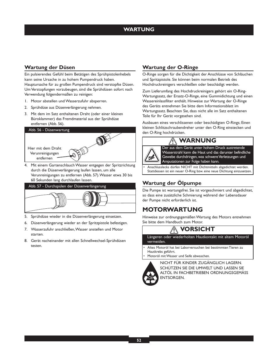 Motorwartung, Warnung, Vorsicht | Briggs & Stratton 20224 User Manual | Page 52 / 92