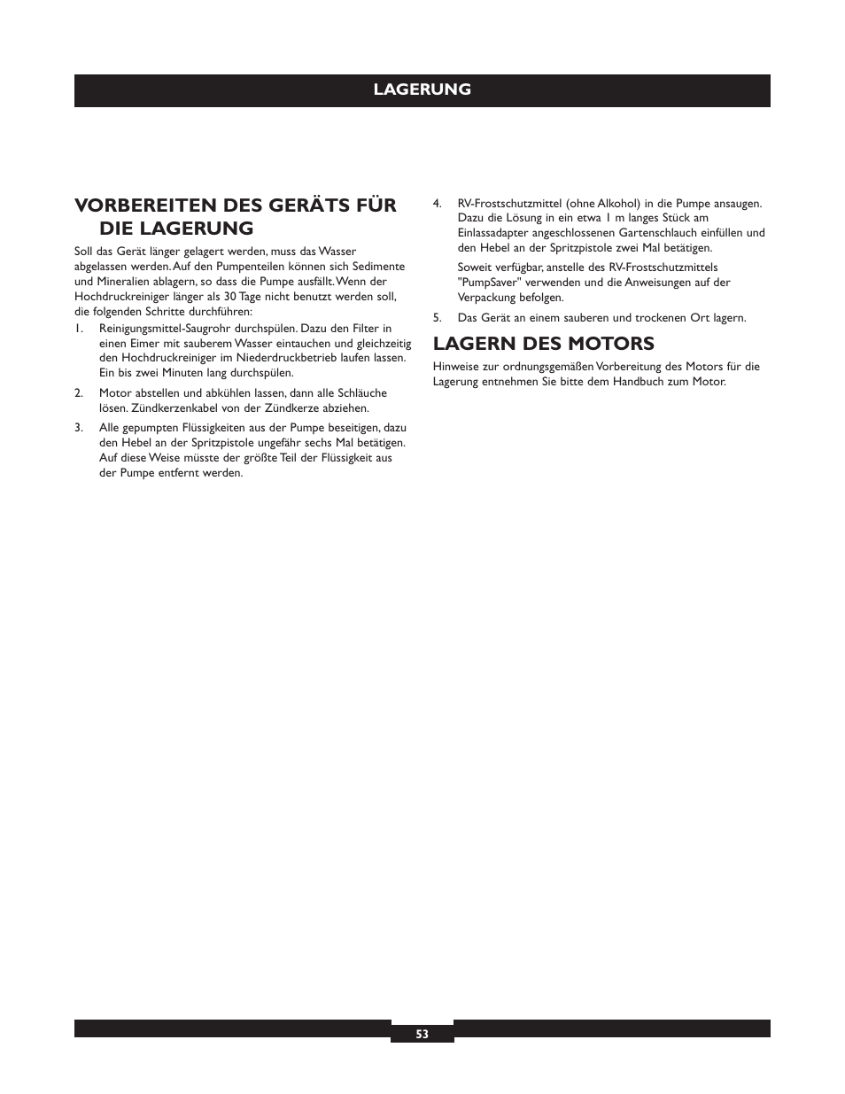 Vorbereiten des geräts für die lagerung, Lagern des motors | Briggs & Stratton 20224 User Manual | Page 53 / 92