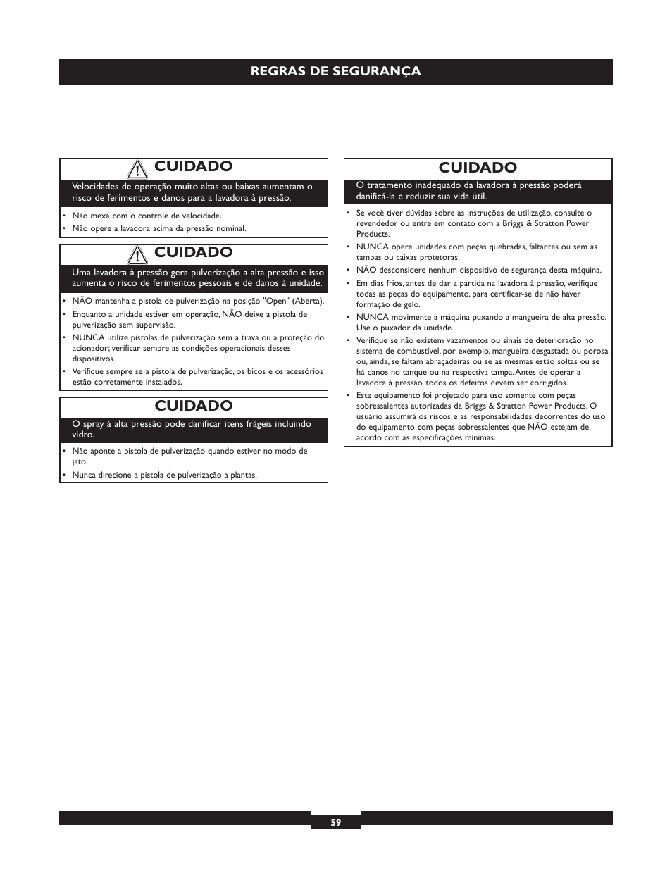 Cuidado, Regras de segurança | Briggs & Stratton 20224 User Manual | Page 59 / 92