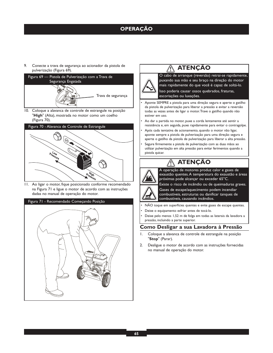 Atenção, Operação, Como desligar a sua lavadora à pressão | Briggs & Stratton 20224 User Manual | Page 65 / 92