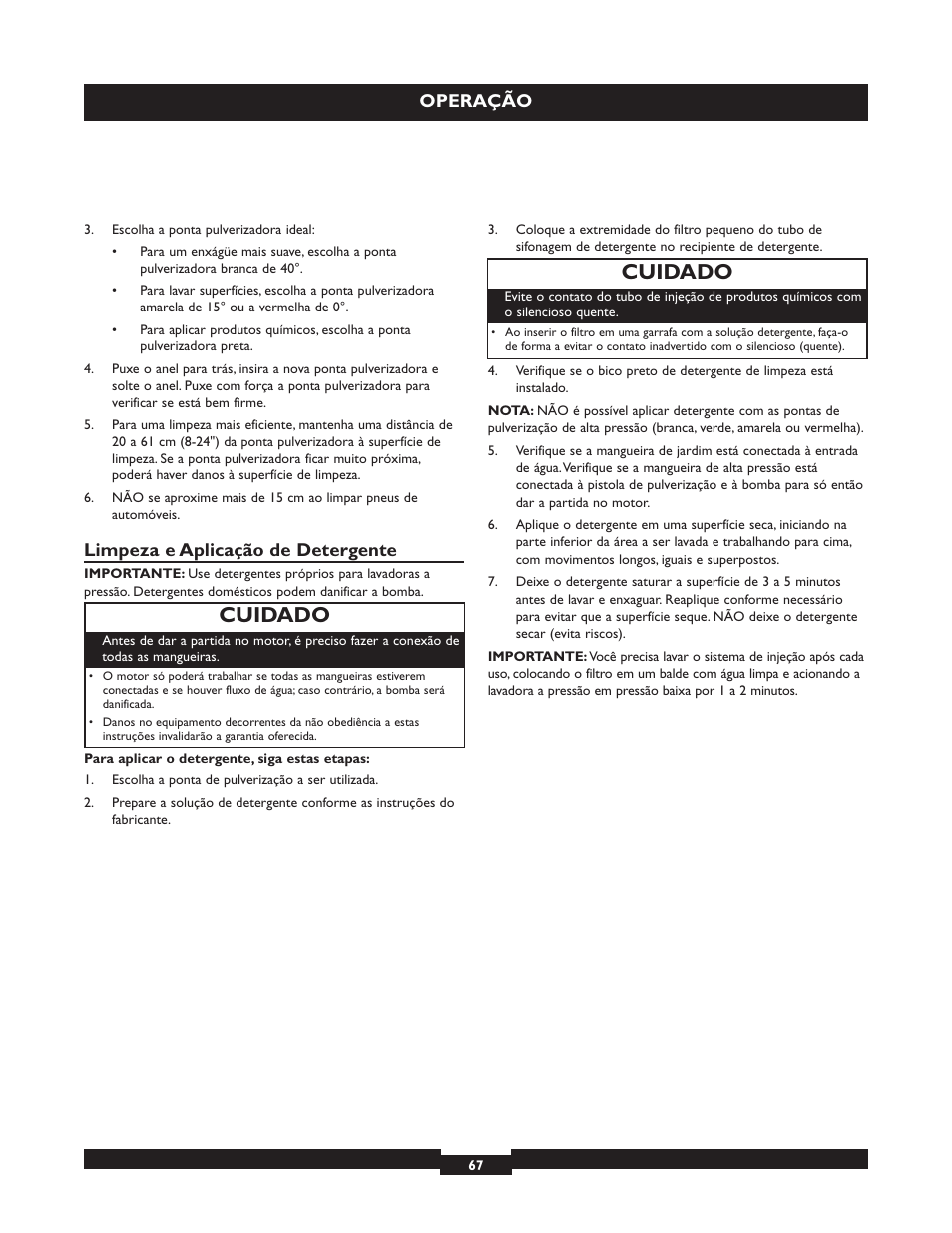 Cuidado, Operação, Limpeza e aplicação de detergente | Briggs & Stratton 20224 User Manual | Page 67 / 92