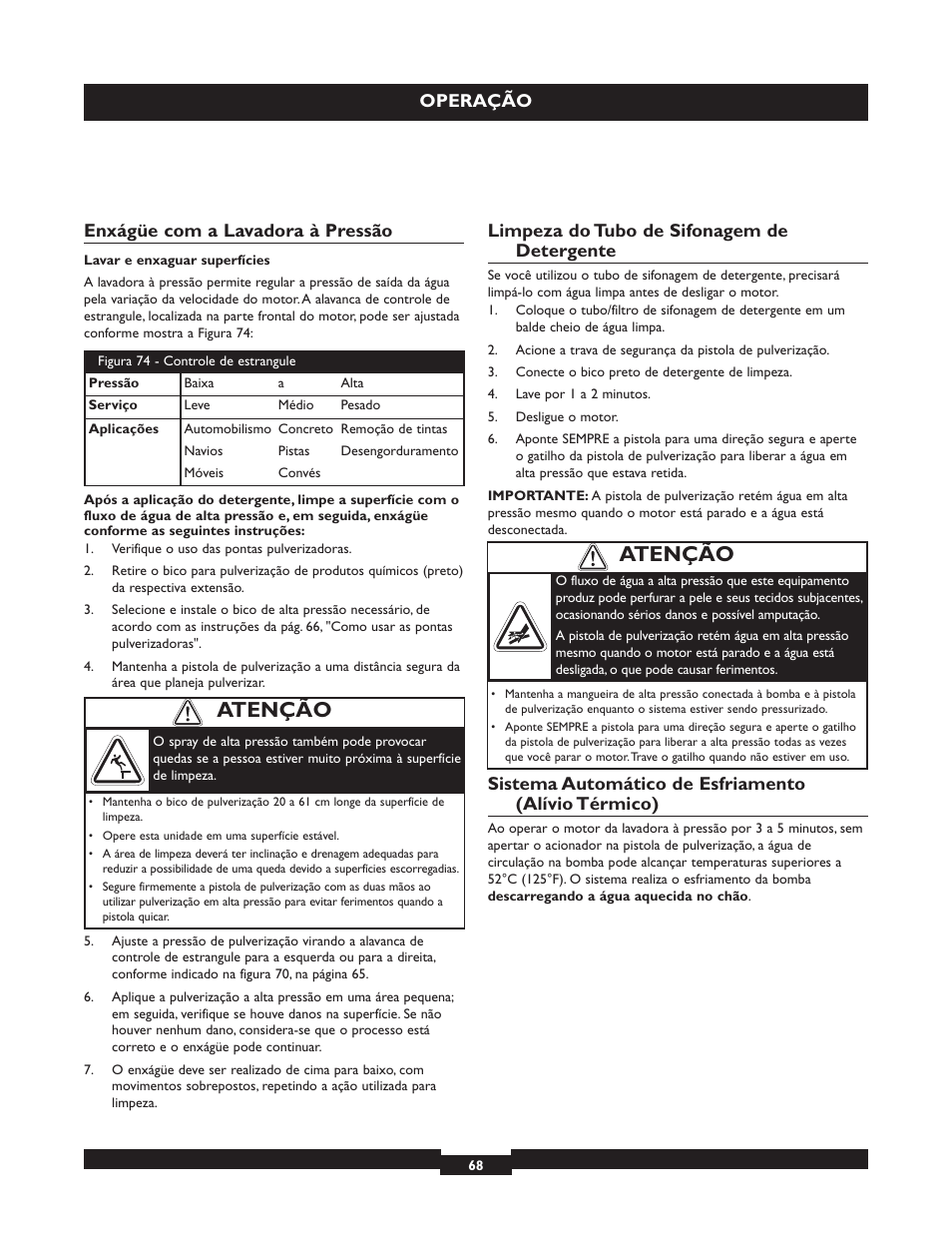 Atenção, Operação, Enxágüe com a lavadora à pressão | Limpeza do tubo de sifonagem de detergente, Sistema automático de esfriamento (alívio térmico) | Briggs & Stratton 20224 User Manual | Page 68 / 92