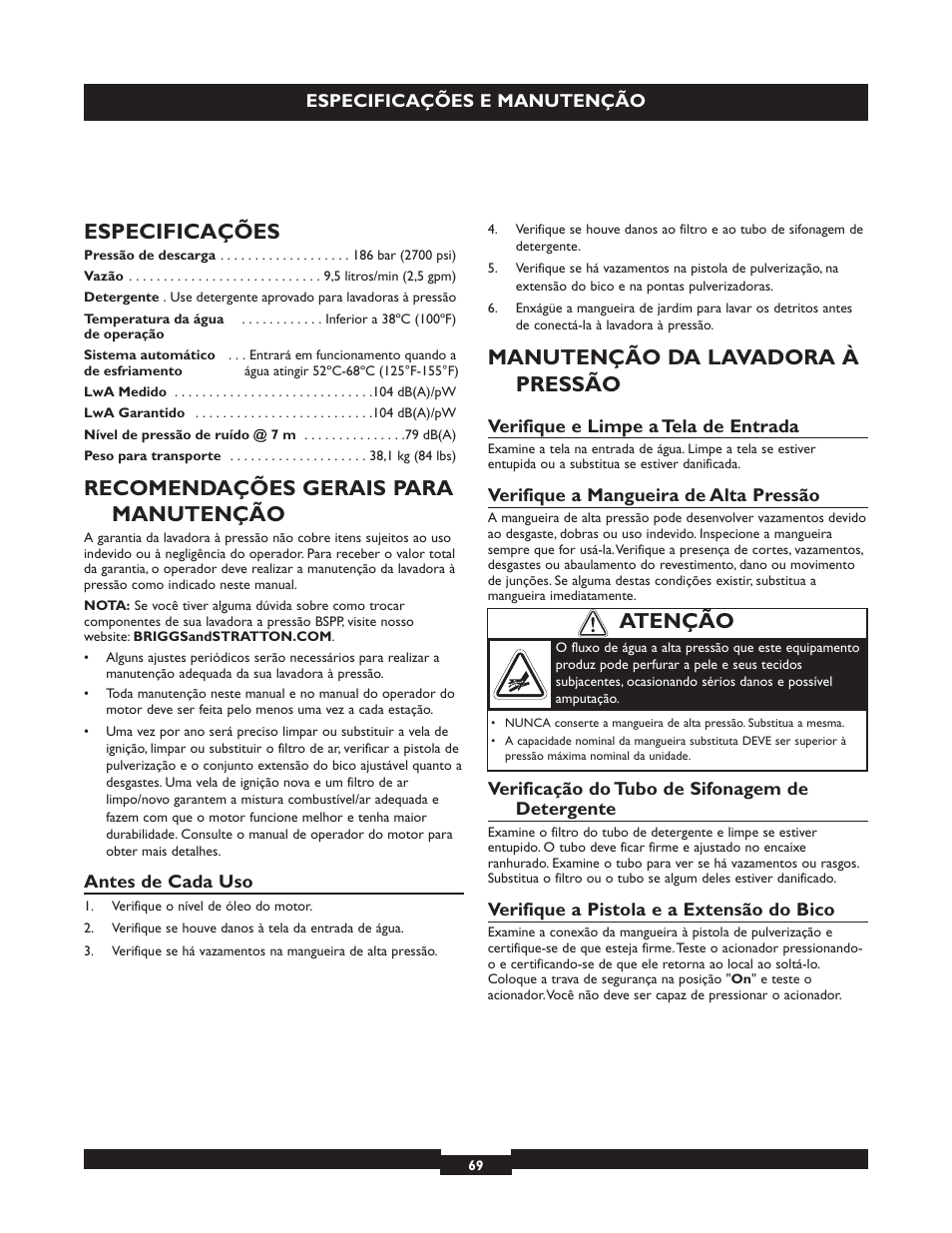 Especificações, Recomendações gerais para manutenção, Manutenção da lavadora à pressão | Atenção | Briggs & Stratton 20224 User Manual | Page 69 / 92