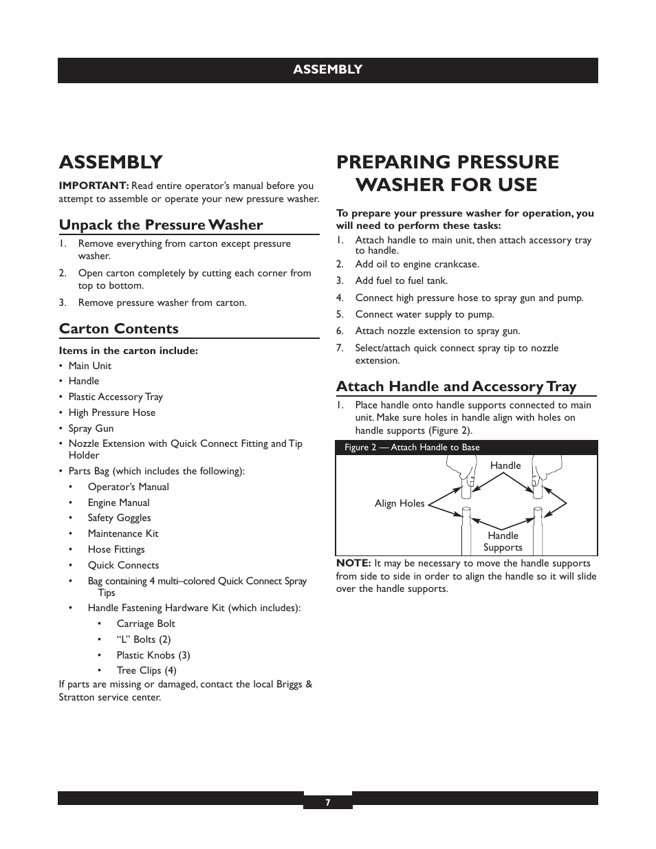 Assembly, Preparing pressure washer for use, Unpack the pressure washer | Carton contents, Attach handle and accessory tray | Briggs & Stratton 20224 User Manual | Page 7 / 92