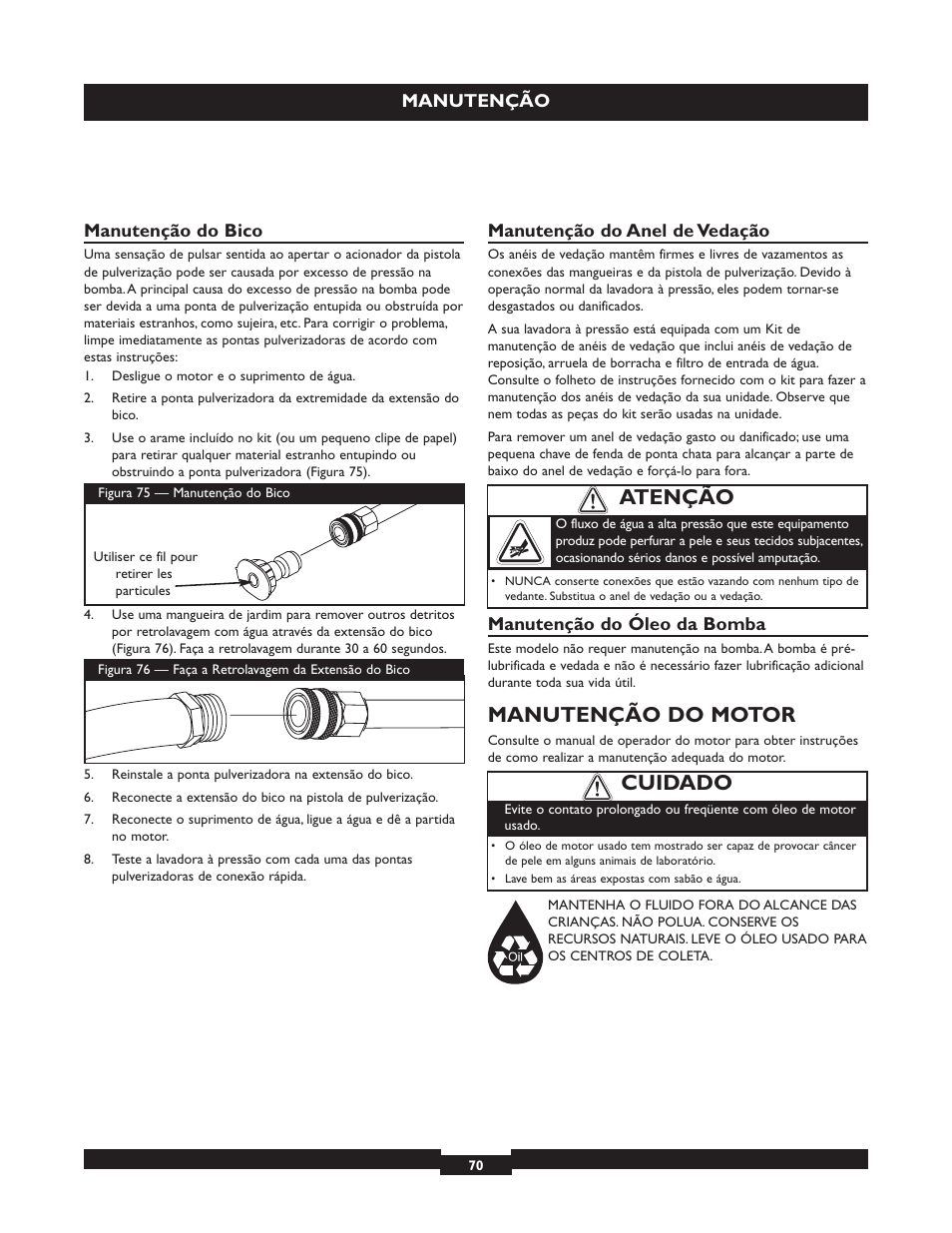 Manutenção do motor, Cuidado, Atenção | Briggs & Stratton 20224 User Manual | Page 70 / 92