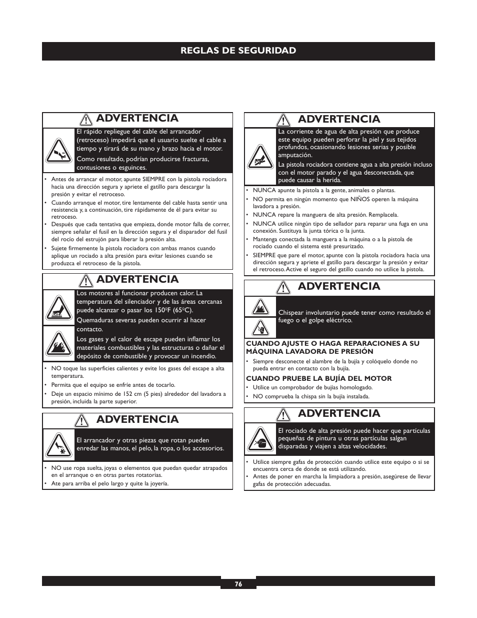 Advertencia, Reglas de seguridad | Briggs & Stratton 20224 User Manual | Page 76 / 92