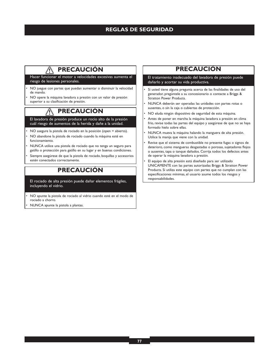 Precaución, Reglas de seguridad | Briggs & Stratton 20224 User Manual | Page 77 / 92