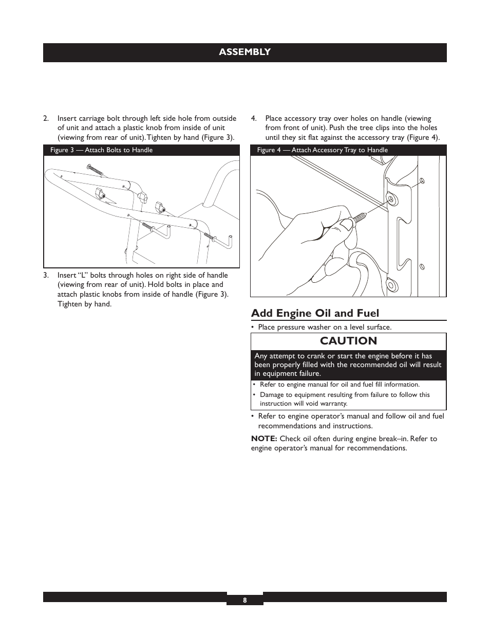 Add engine oil and fuel, Caution | Briggs & Stratton 20224 User Manual | Page 8 / 92