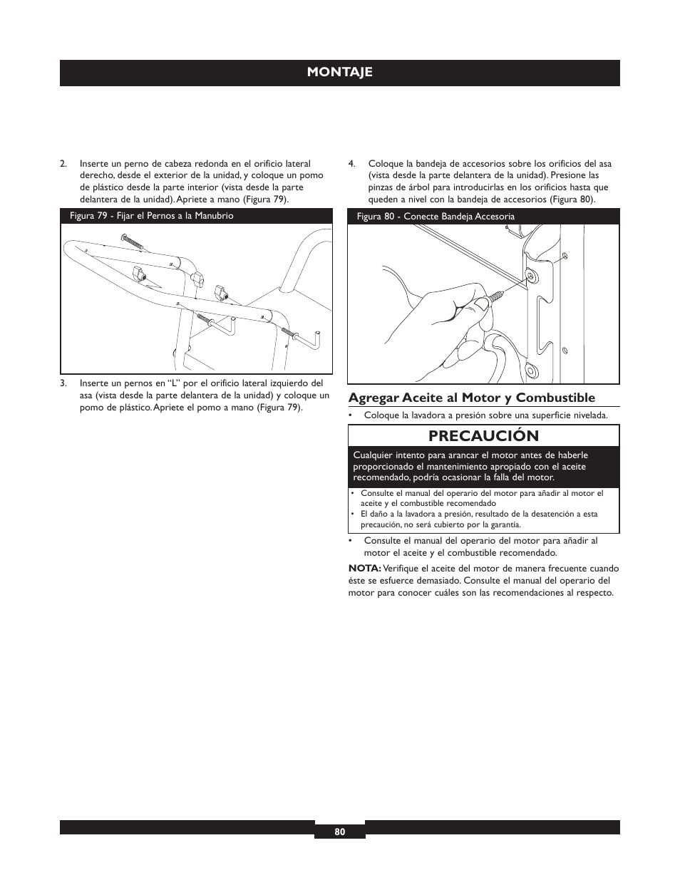 Precaución, Montaje, Agregar aceite al motor y combustible | Briggs & Stratton 20224 User Manual | Page 80 / 92