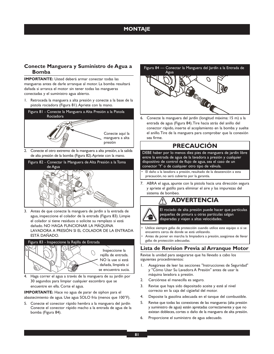 Precaución, Advertencia, Montaje | Conecte manguera y suministro de agua a bomba, Lista de revision previa al arranque motor | Briggs & Stratton 20224 User Manual | Page 81 / 92
