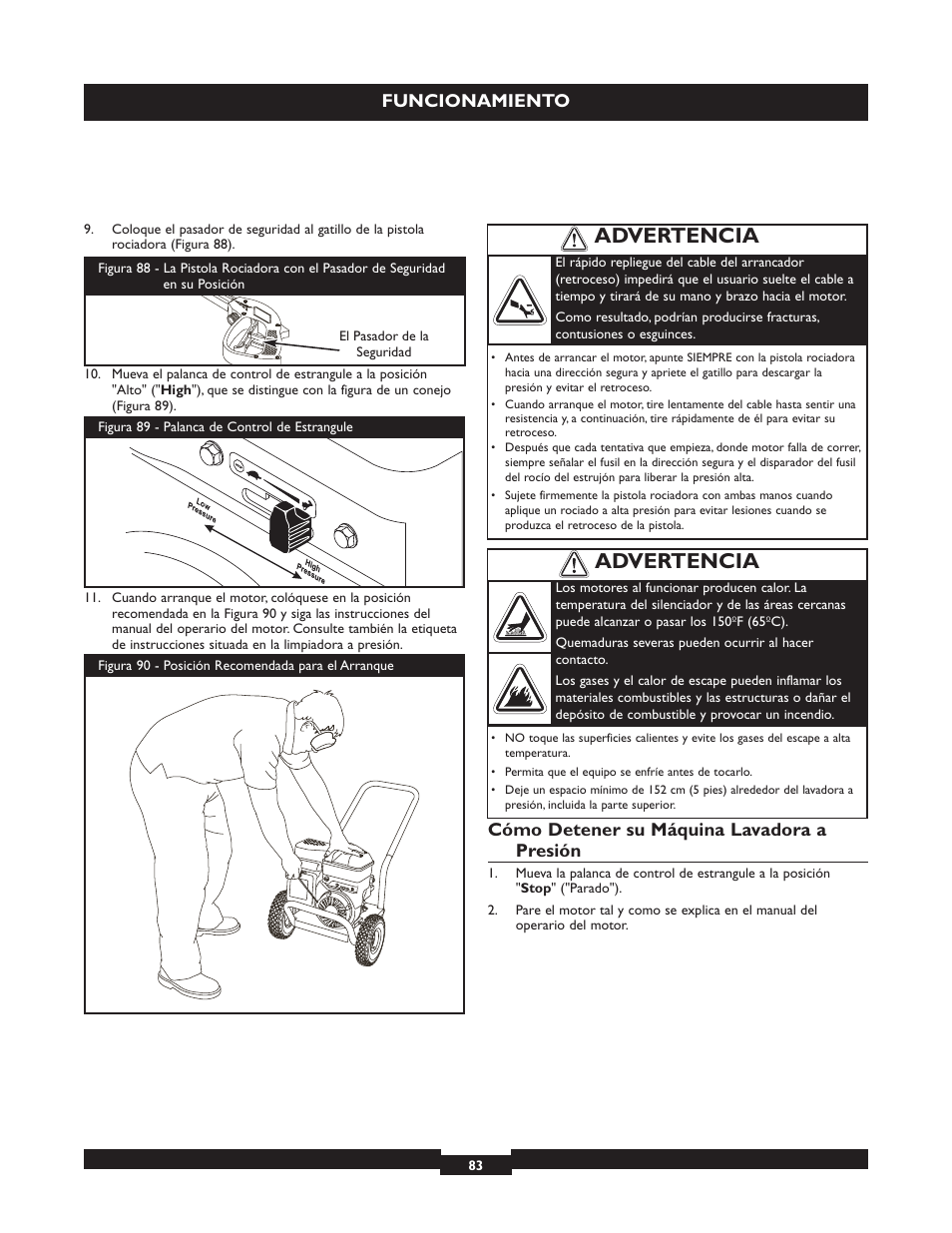 Advertencia, Funcionamiento, Cómo detener su máquina lavadora a presión | Briggs & Stratton 20224 User Manual | Page 83 / 92
