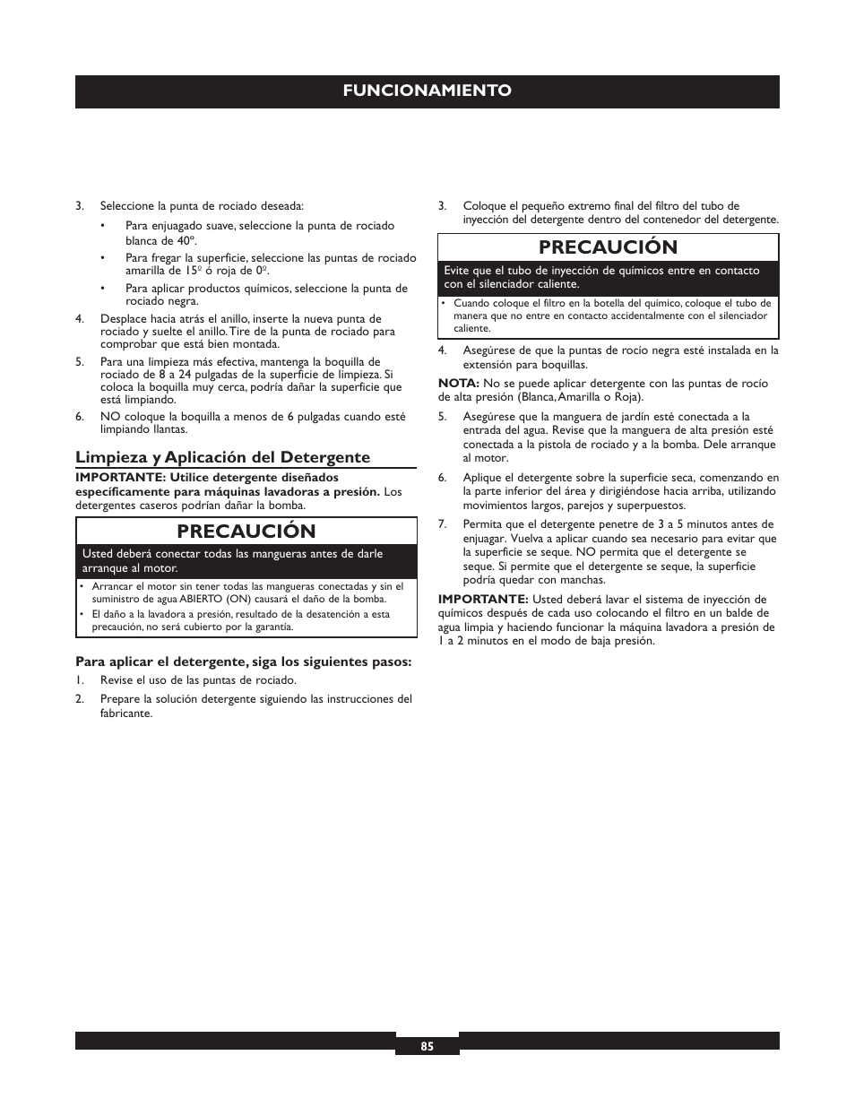 Precaución, Funcionamiento, Limpieza y aplicación del detergente | Briggs & Stratton 20224 User Manual | Page 85 / 92