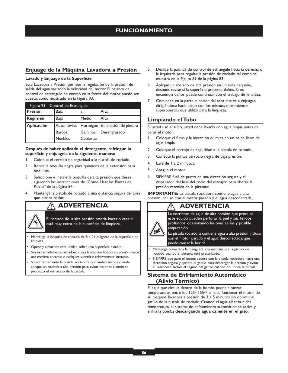 Advertencia, Funcionamiento, Enjuage de la máquina lavadora a presión | Limpiando el tubo | Briggs & Stratton 20224 User Manual | Page 86 / 92