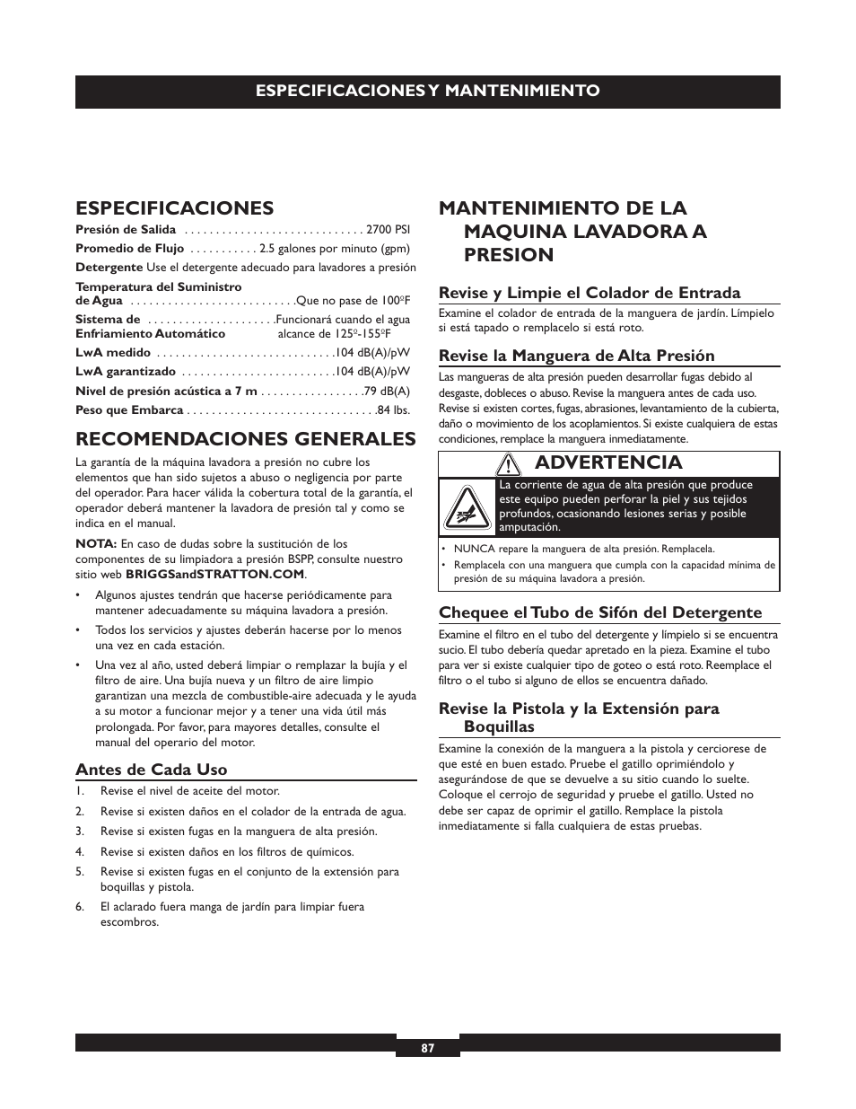 Especificaciones, Recomendaciones generales, Mantenimiento de la maquina lavadora a presion | Advertencia | Briggs & Stratton 20224 User Manual | Page 87 / 92