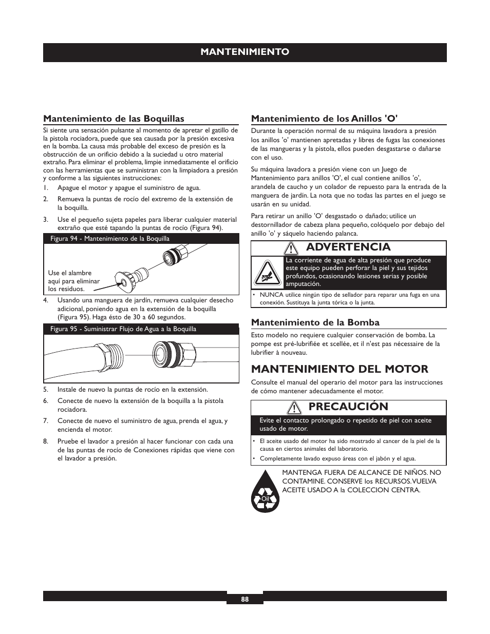 Mantenimiento del motor, Precaución, Advertencia | Briggs & Stratton 20224 User Manual | Page 88 / 92