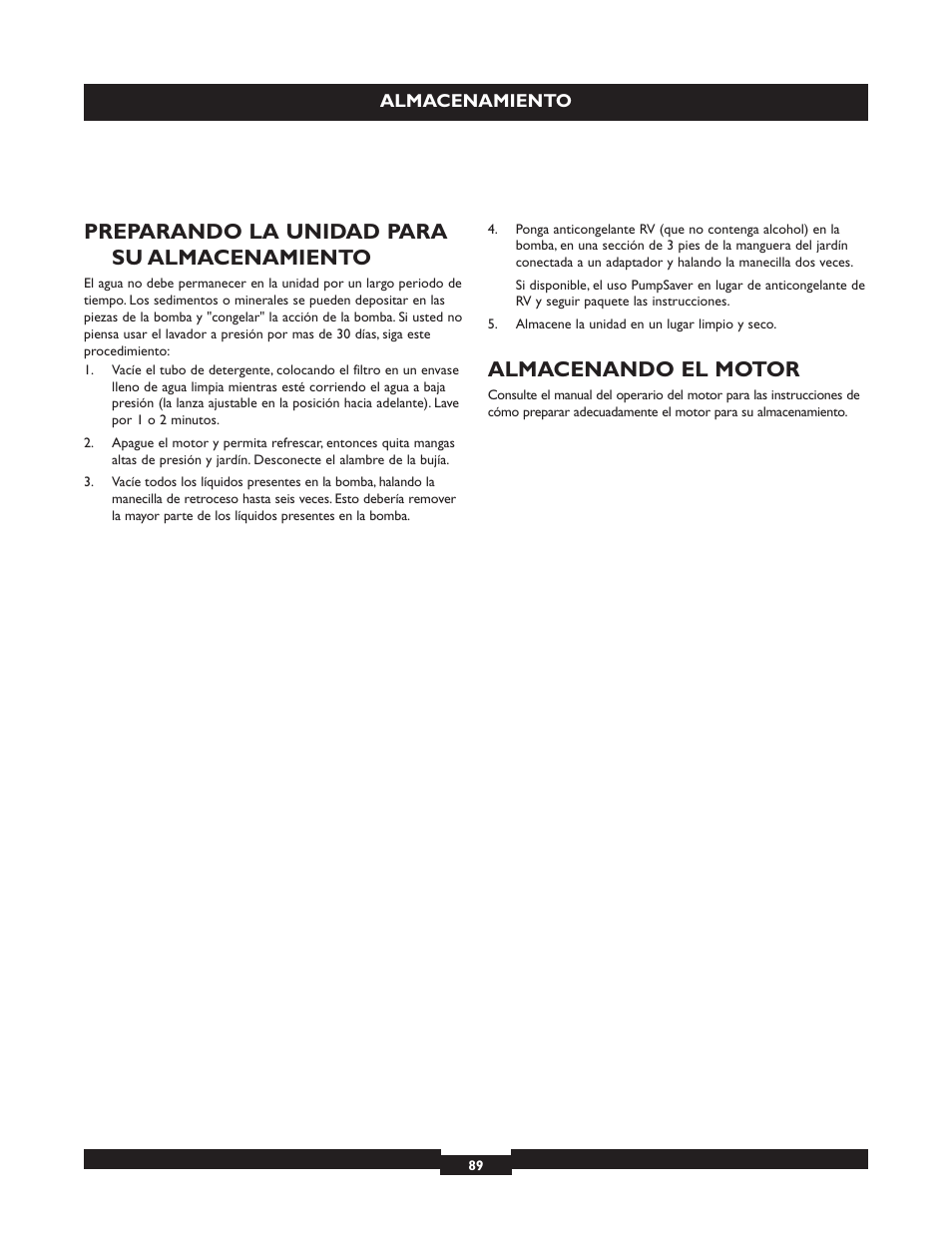 Preparando la unidad para su almacenamiento, Almacenando el motor | Briggs & Stratton 20224 User Manual | Page 89 / 92