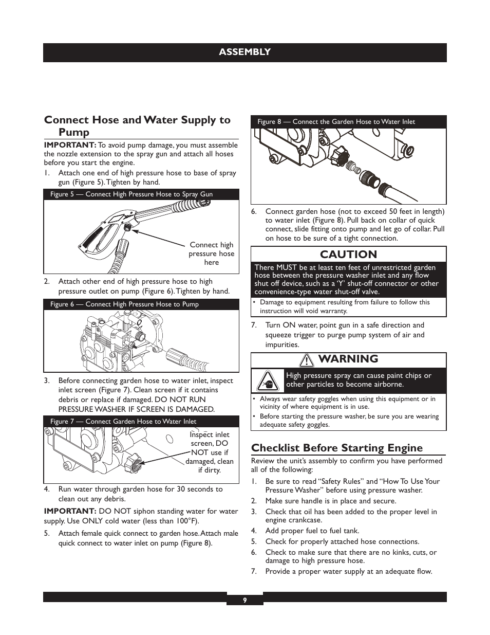 Connect hose and water supply to pump, Checklist before starting engine, Caution | Warning | Briggs & Stratton 20224 User Manual | Page 9 / 92