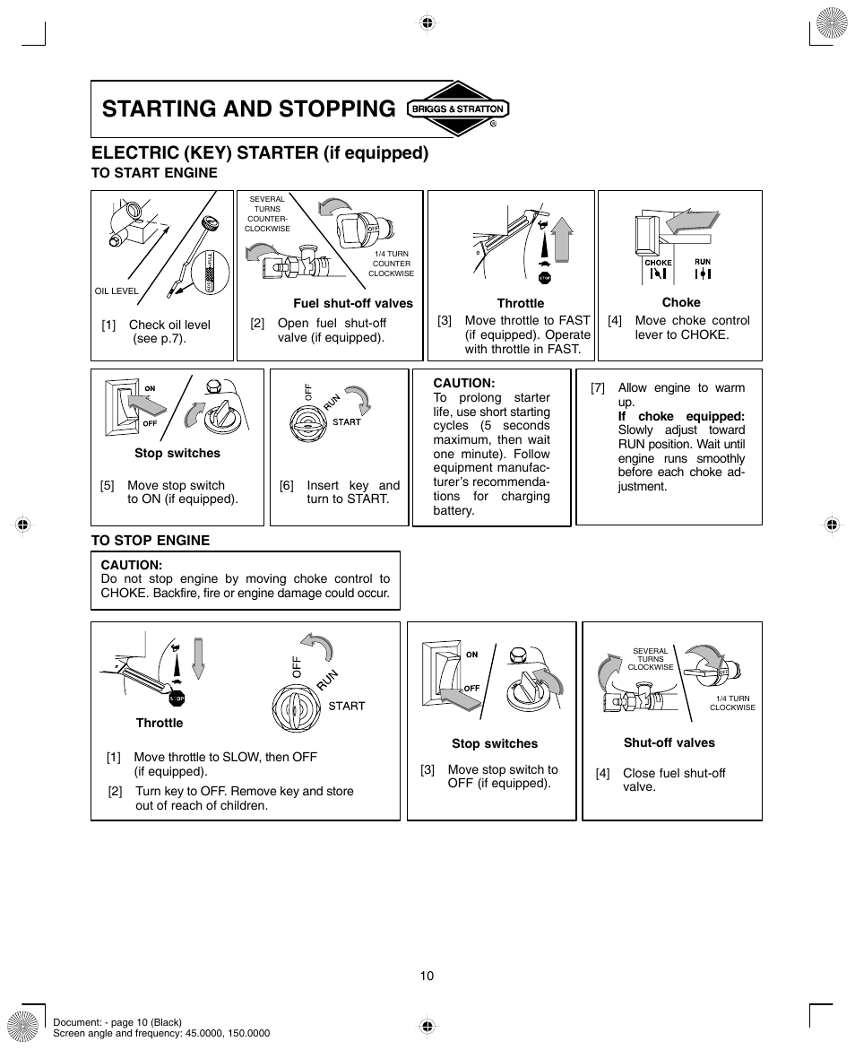Starting and stopping, Electric (key) starter (if equipped) | Briggs & Stratton 190000 User Manual | Page 10 / 20