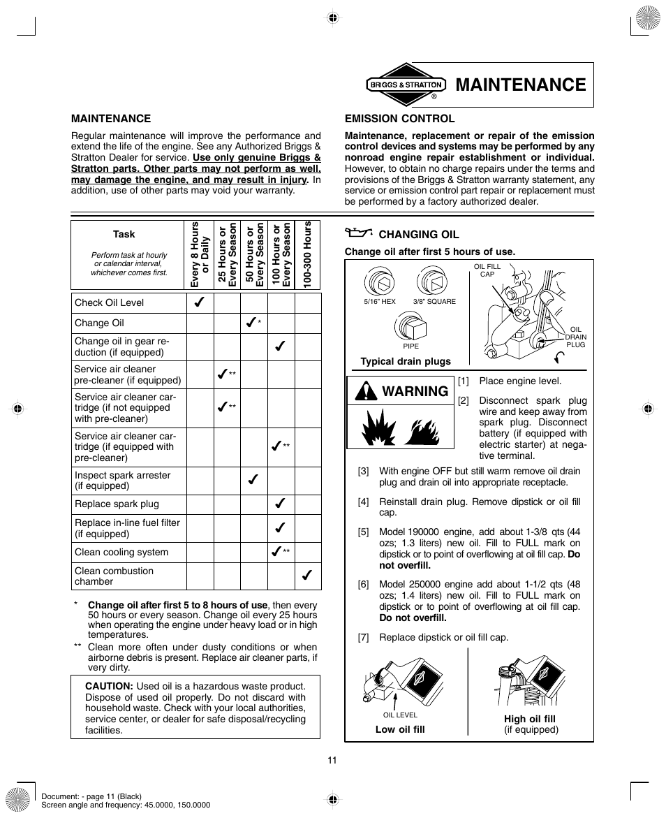 Maintenance, Warning | Briggs & Stratton 190000 User Manual | Page 11 / 20