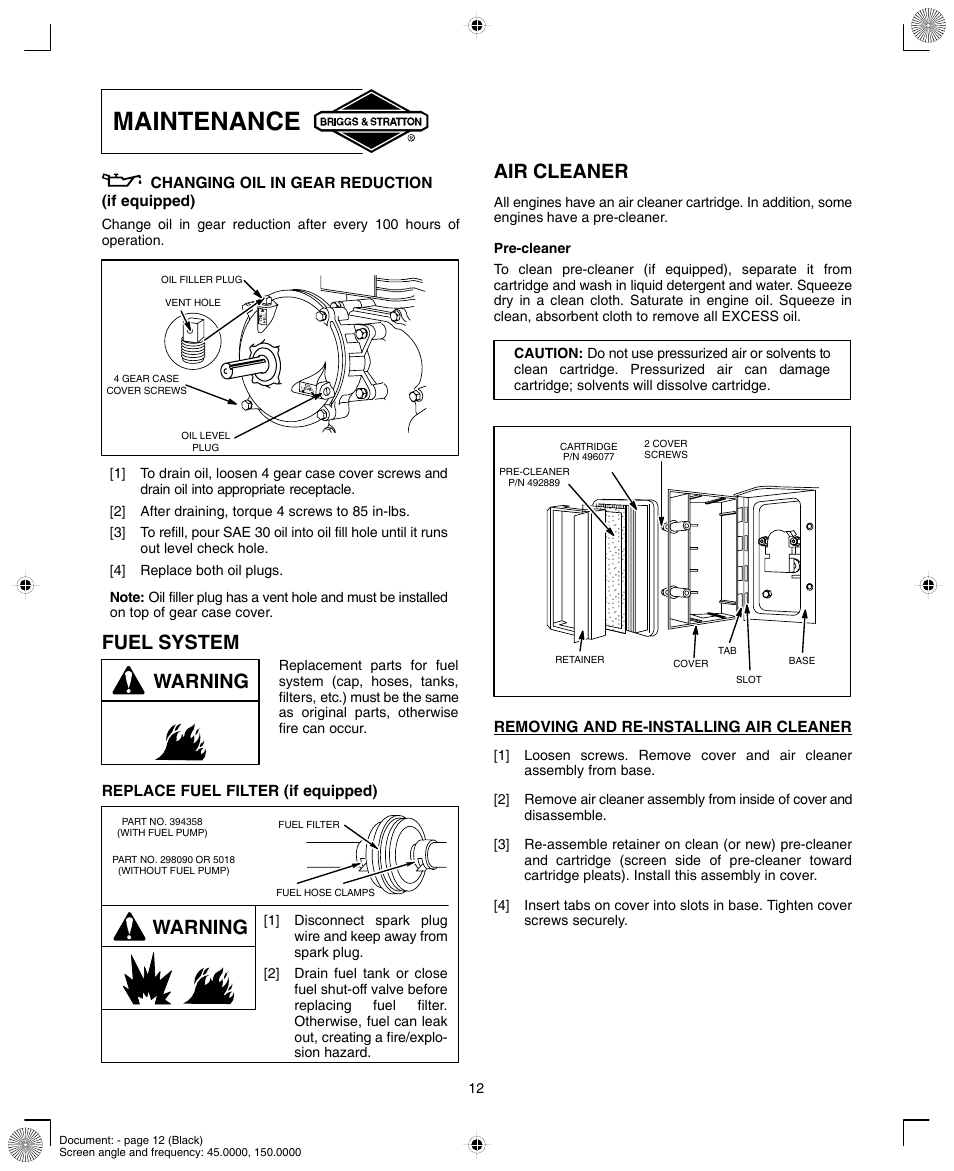 Maintenance, Fuel system warning, Warning air cleaner | Briggs & Stratton 190000 User Manual | Page 12 / 20