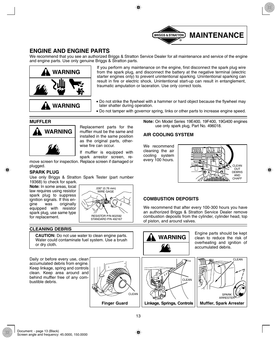 Maintenance, Engine and engine parts, Warning | Briggs & Stratton 190000 User Manual | Page 13 / 20