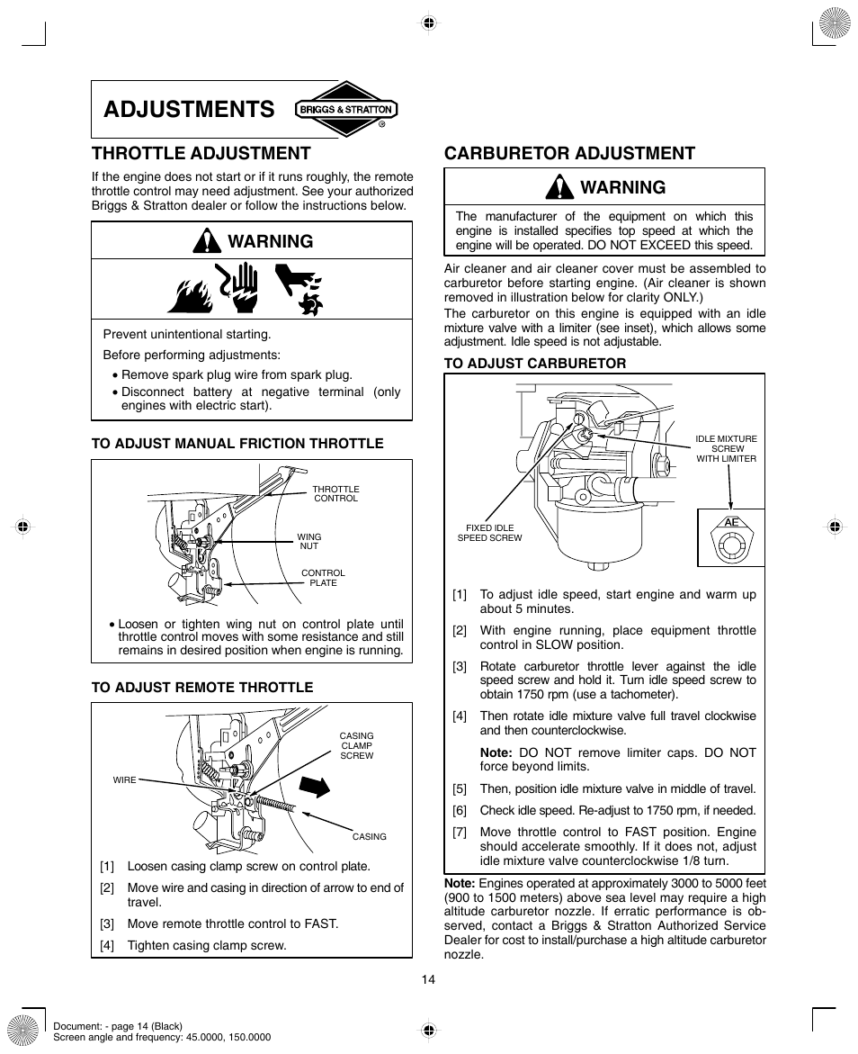 Adjustments, Throttle adjustment, Warning | Carburetor adjustment warning | Briggs & Stratton 190000 User Manual | Page 14 / 20