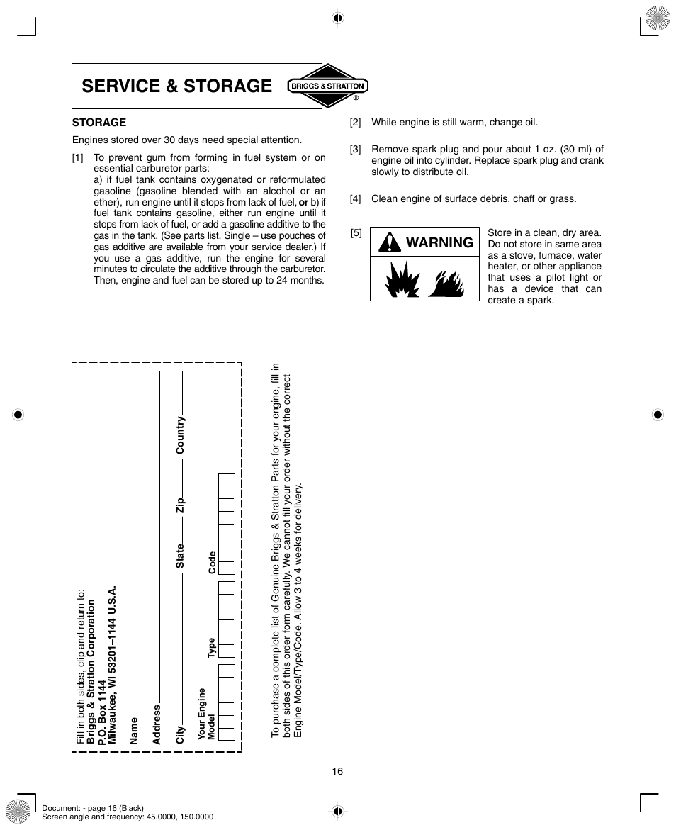 Service & storage, Warning | Briggs & Stratton 190000 User Manual | Page 16 / 20