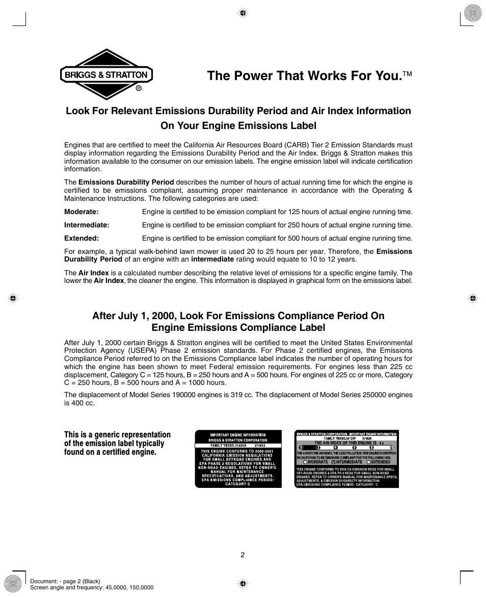 The power that works for you | Briggs & Stratton 190000 User Manual | Page 2 / 20