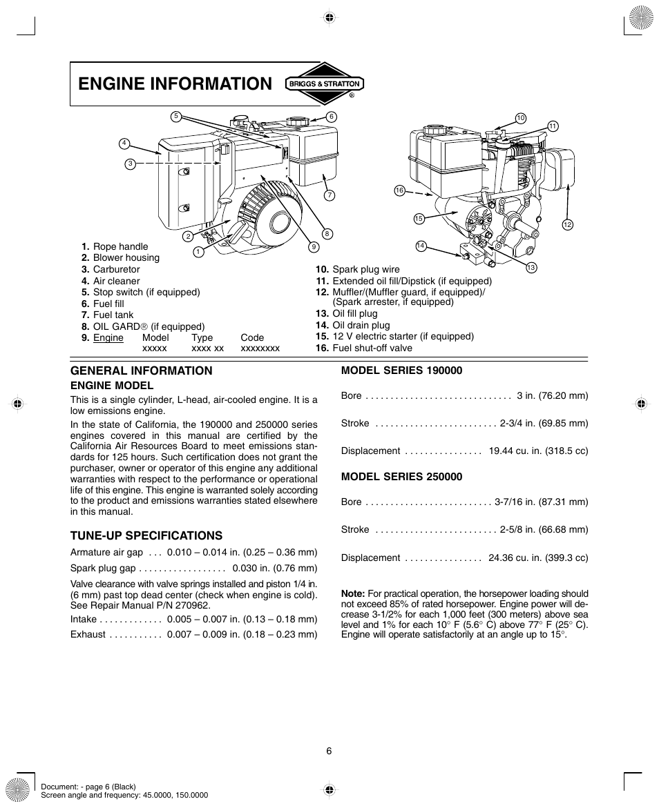 Engine information | Briggs & Stratton 190000 User Manual | Page 6 / 20