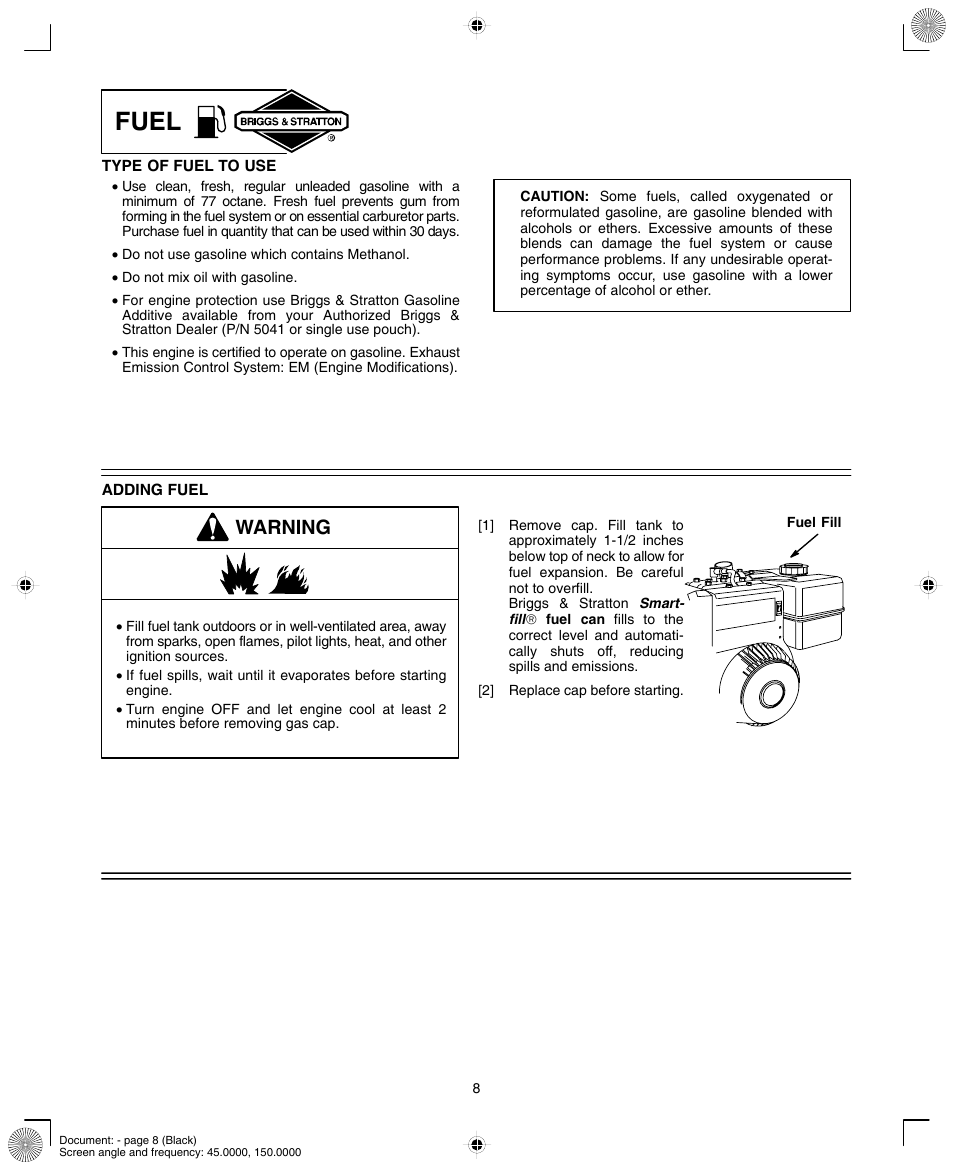 Fuel, Warning | Briggs & Stratton 190000 User Manual | Page 8 / 20