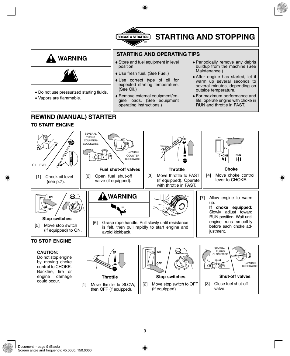 Starting and stopping, Warning, Rewind (manual) starter | Briggs & Stratton 190000 User Manual | Page 9 / 20