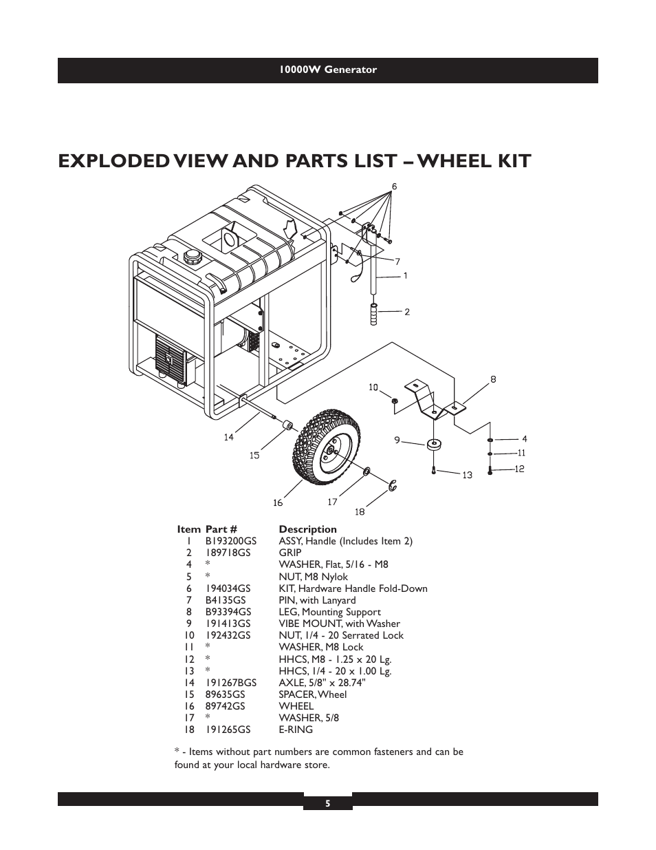 Exploded view and parts list – wheel kit | Briggs & Stratton ELITE SERIES 9801 User Manual | Page 5 / 6