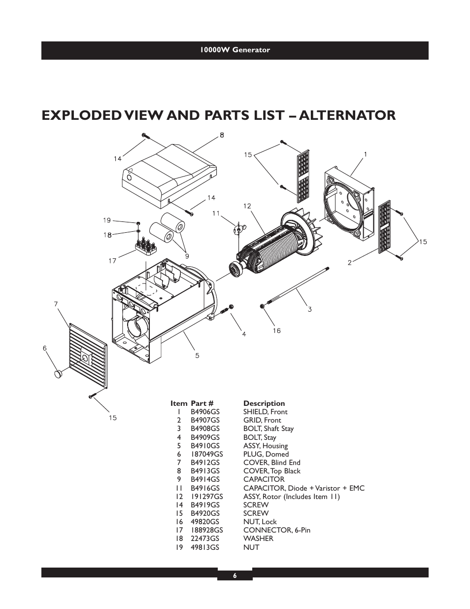 Exploded view and parts list – alternator | Briggs & Stratton ELITE SERIES 9801 User Manual | Page 6 / 6