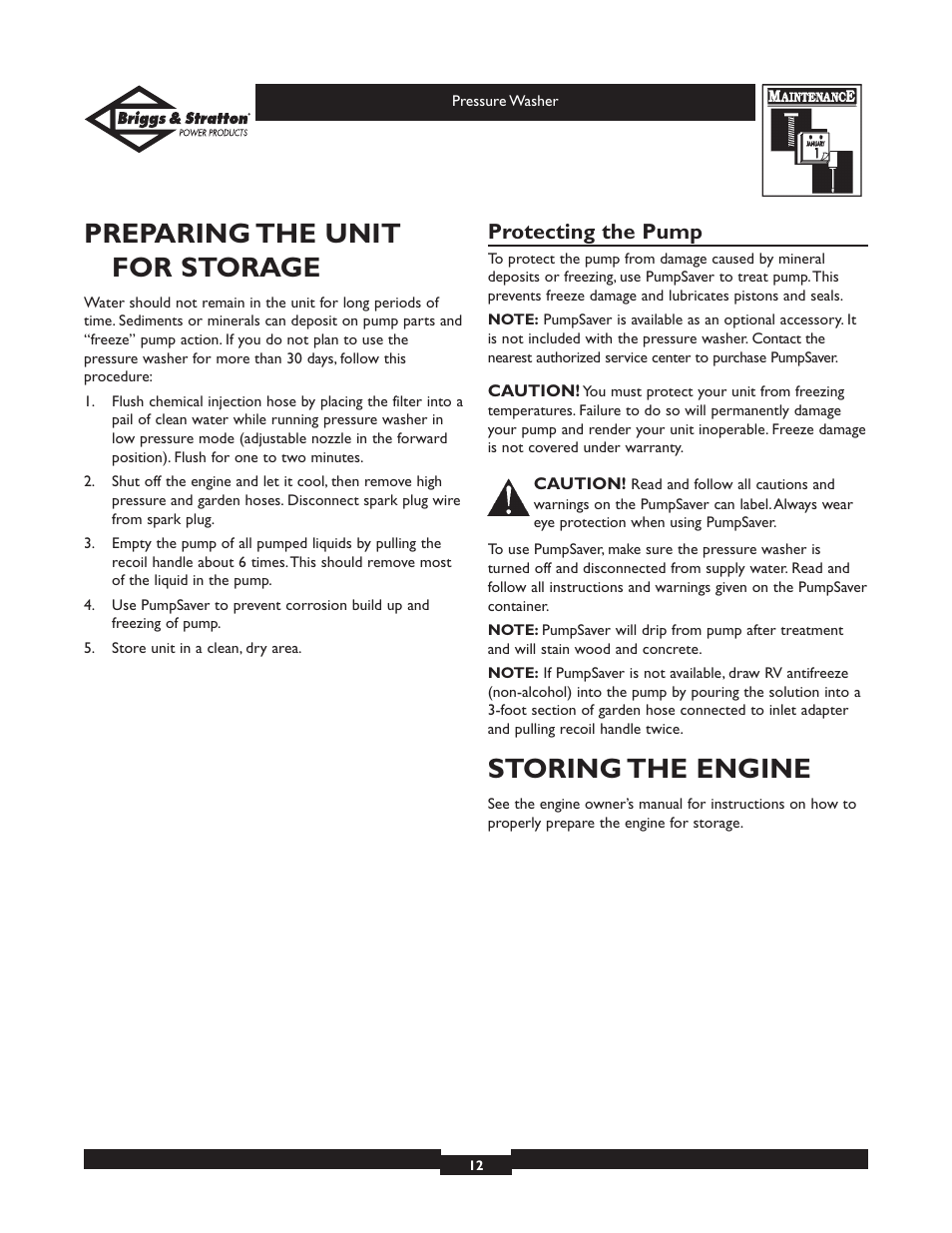 Preparing the unit for storage, Storing the engine, Protecting the pump | Briggs & Stratton Elite Series 01804 User Manual | Page 12 / 28