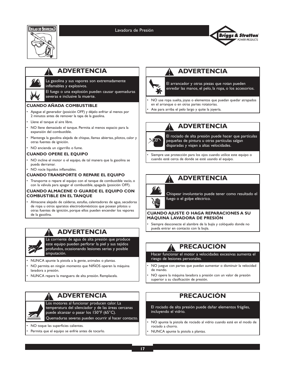 Advertencia, Precaución | Briggs & Stratton Elite Series 01804 User Manual | Page 17 / 28