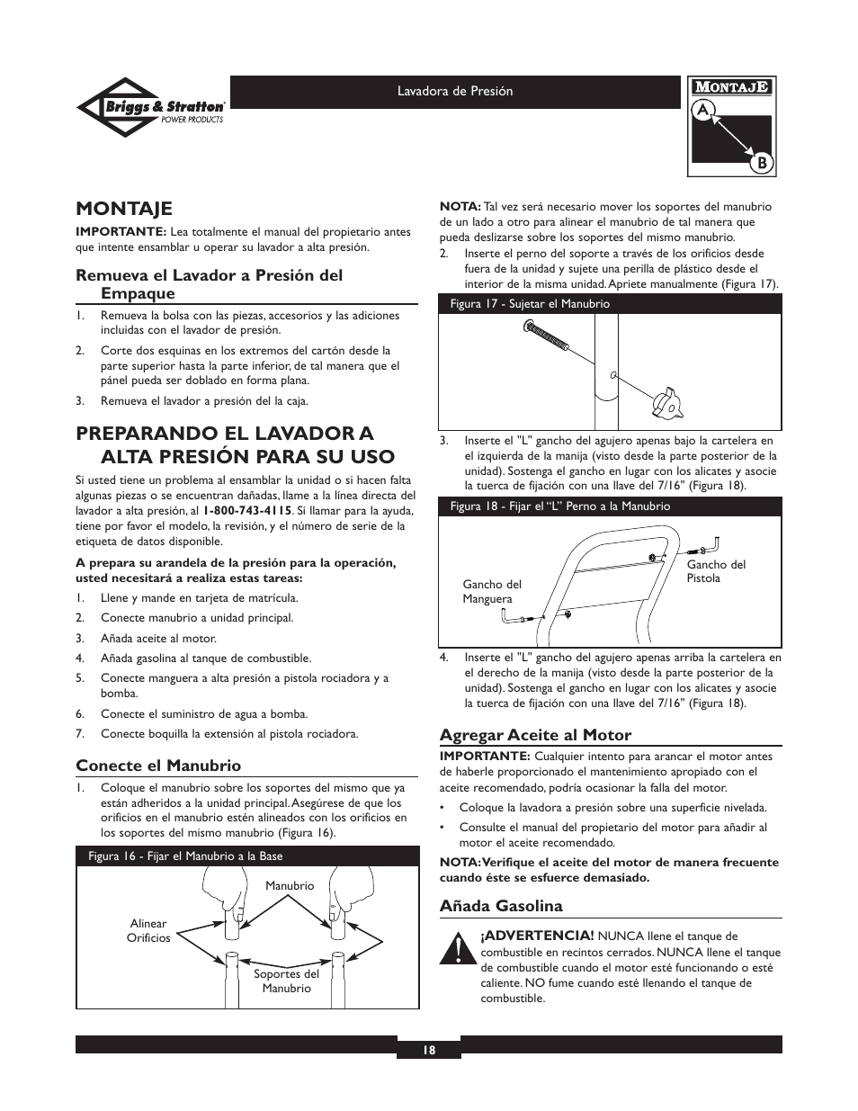 Montaje, Preparando el lavador a alta presión para su uso | Briggs & Stratton Elite Series 01804 User Manual | Page 18 / 28