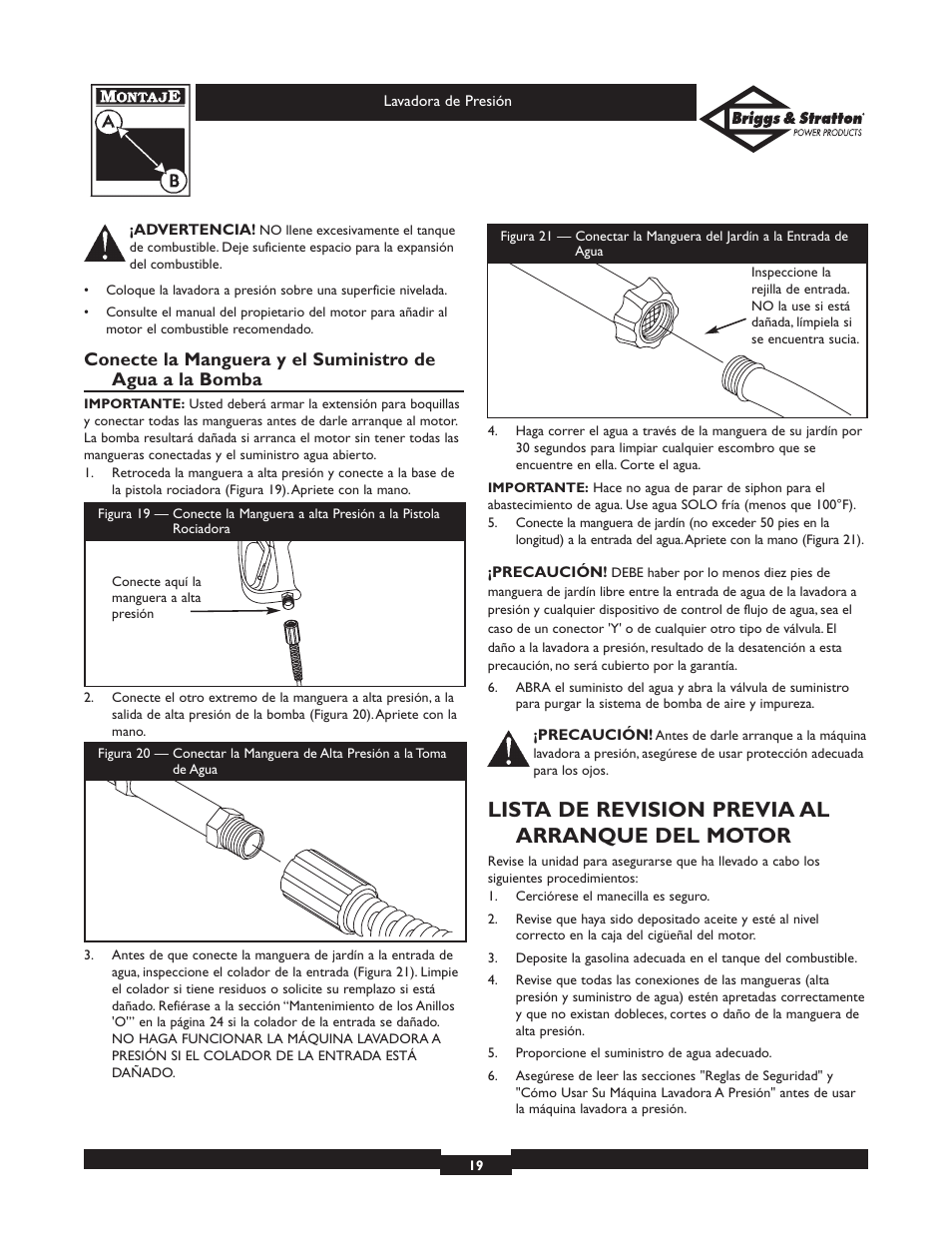 Lista de revision previa al arranque del motor | Briggs & Stratton Elite Series 01804 User Manual | Page 19 / 28