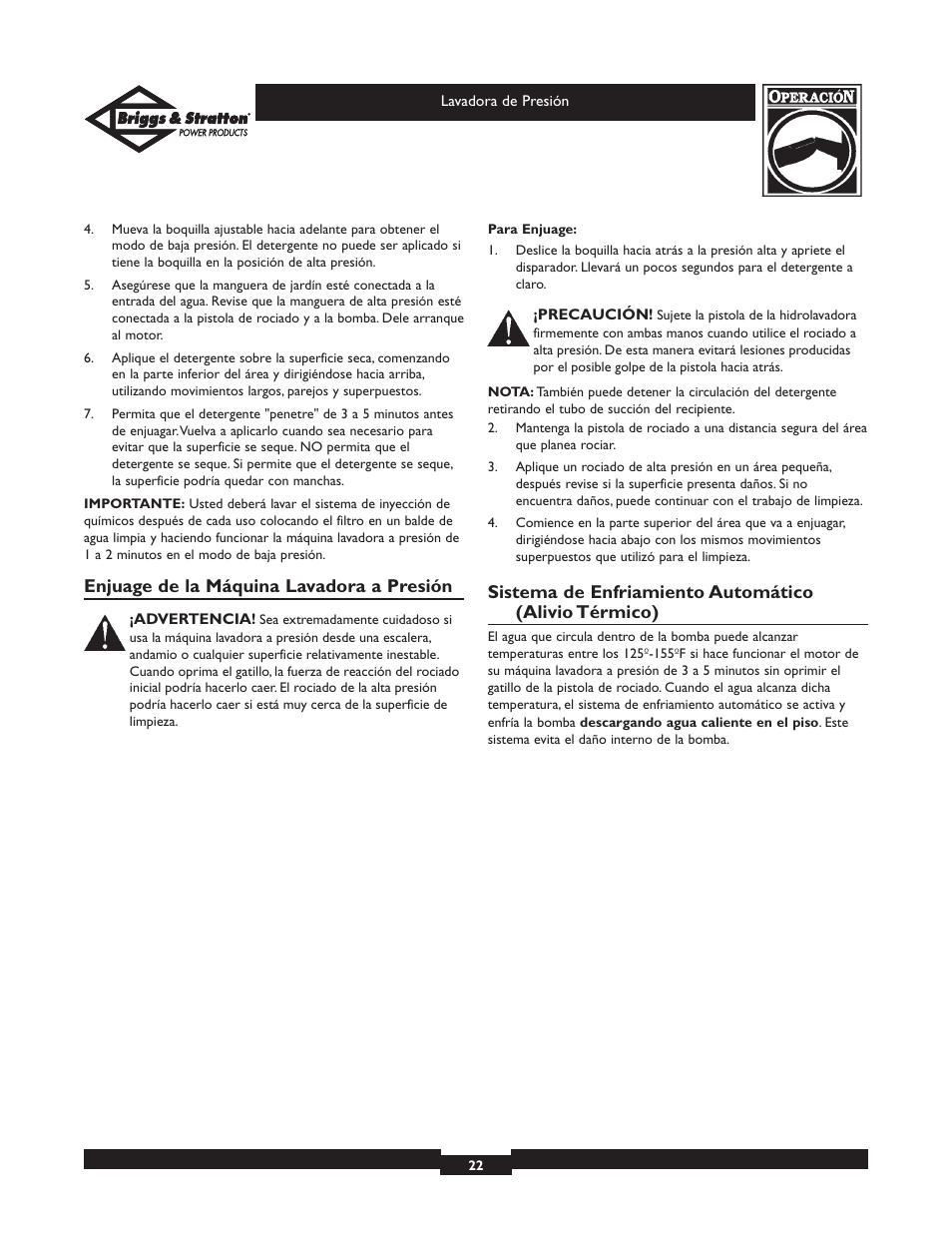 Enjuage de la máquina lavadora a presión | Briggs & Stratton Elite Series 01804 User Manual | Page 22 / 28