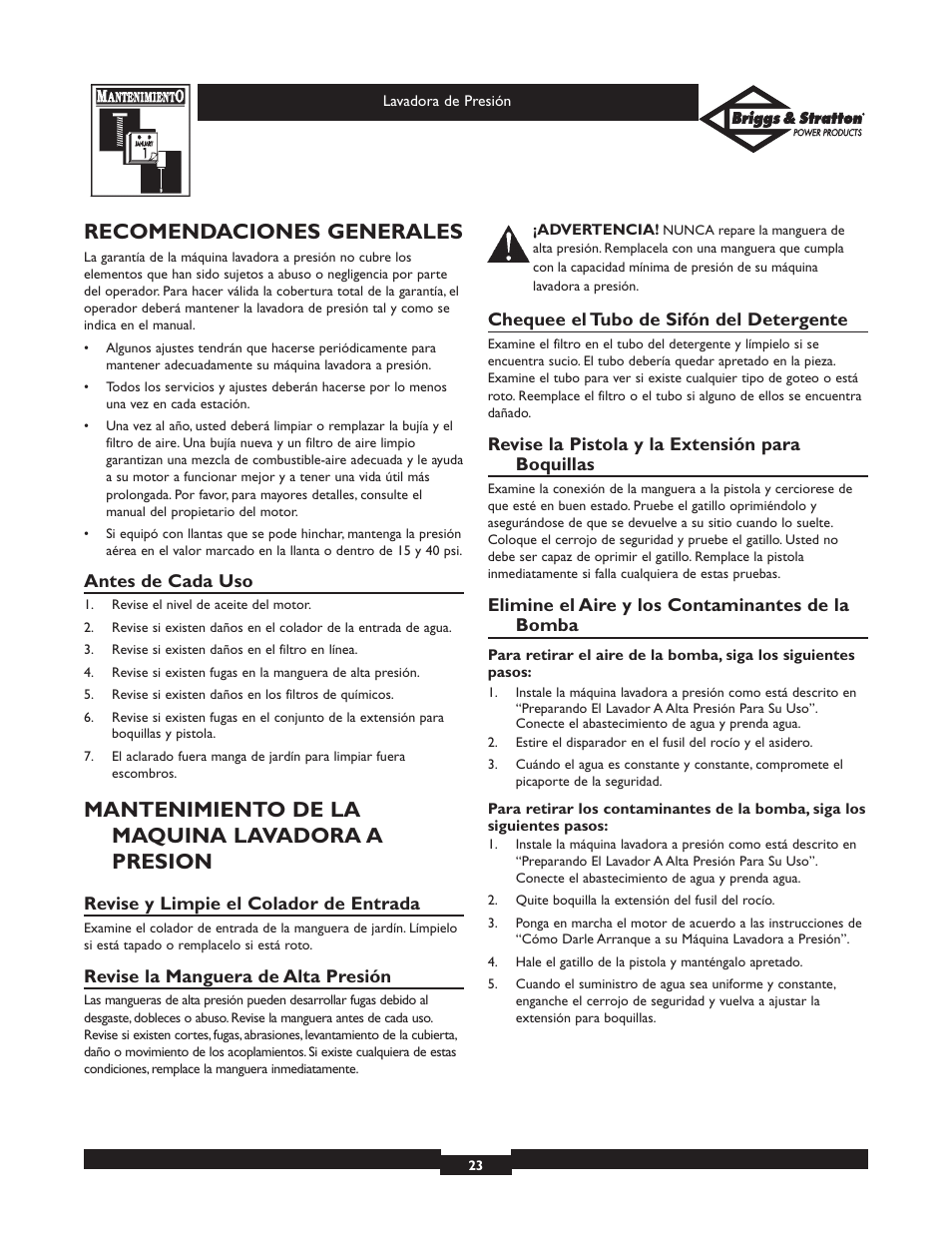 Recomendaciones generales, Mantenimiento de la maquina lavadora a presion | Briggs & Stratton Elite Series 01804 User Manual | Page 23 / 28