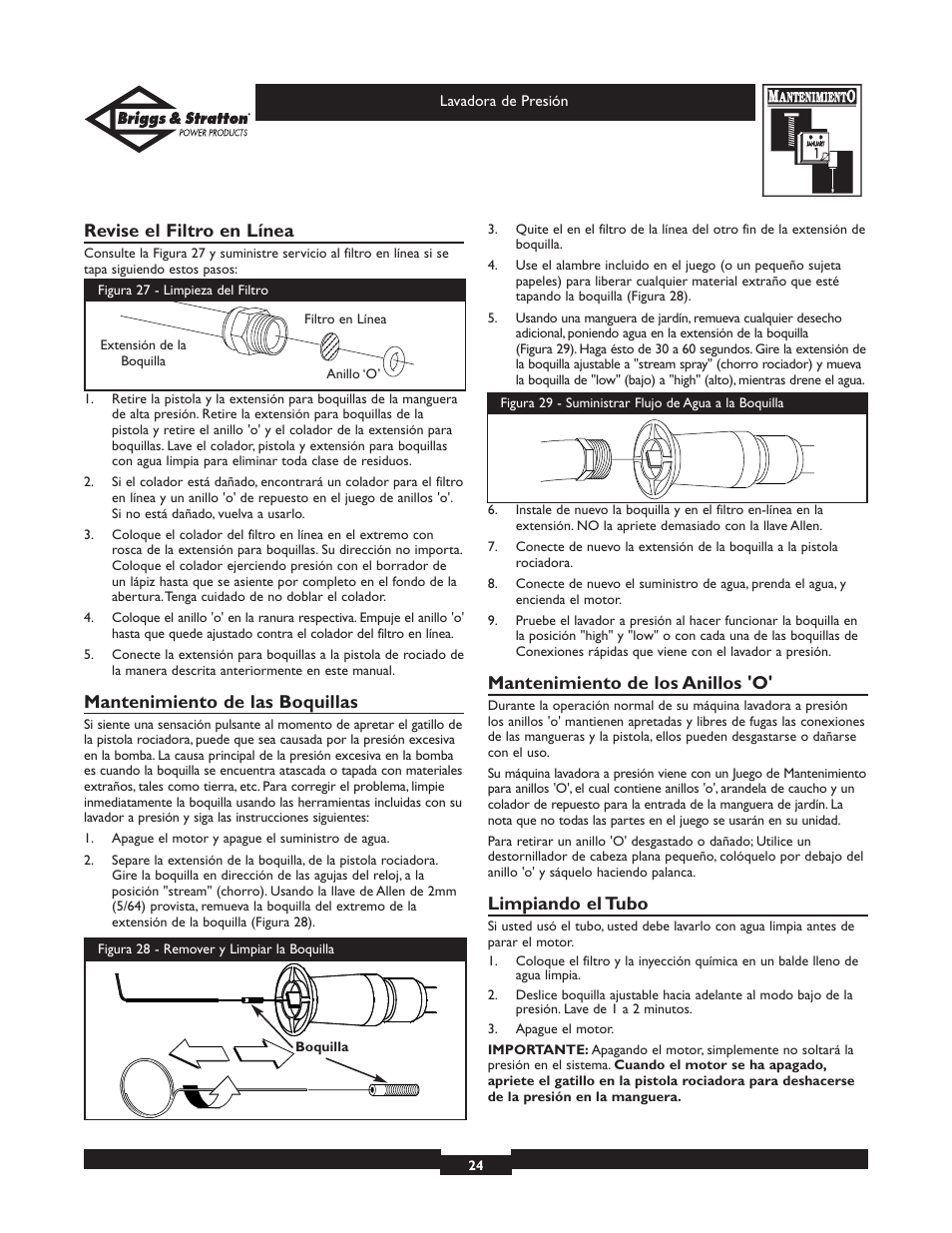 Revise el filtro en línea, Mantenimiento de las boquillas, Mantenimiento de los anillos 'o | Limpiando el tubo | Briggs & Stratton Elite Series 01804 User Manual | Page 24 / 28