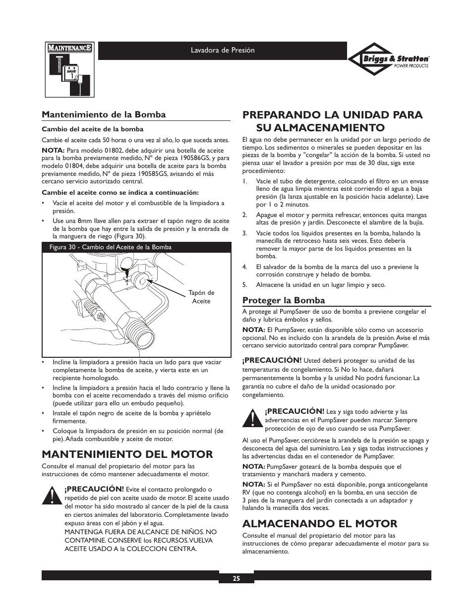 Mantenimiento del motor, Preparando la unidad para su almacenamiento, Almacenando el motor | Briggs & Stratton Elite Series 01804 User Manual | Page 25 / 28