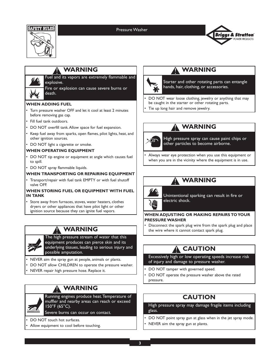 Warning, Caution | Briggs & Stratton Elite Series 01804 User Manual | Page 3 / 28