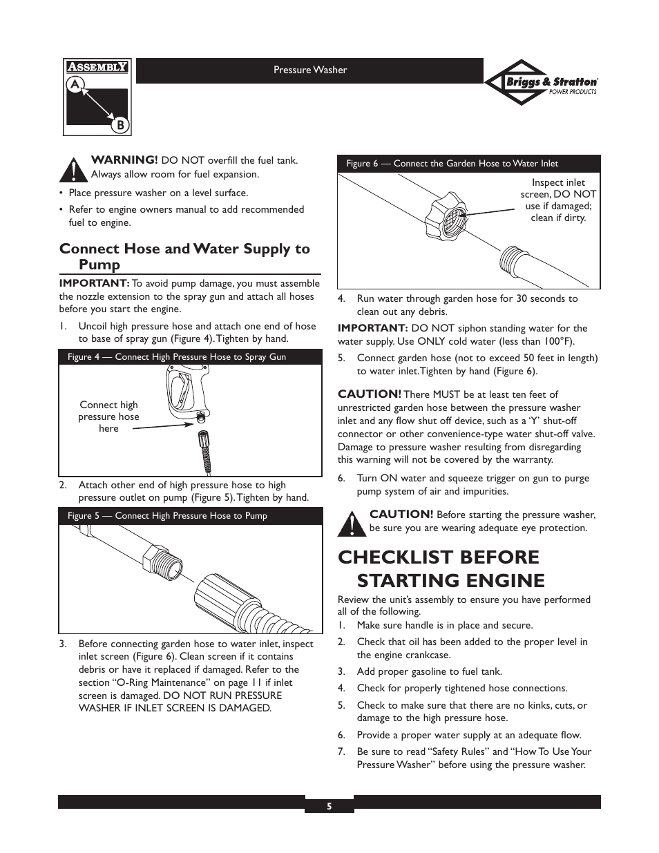 Checklist before starting engine, Connect hose and water supply to pump | Briggs & Stratton Elite Series 01804 User Manual | Page 5 / 28