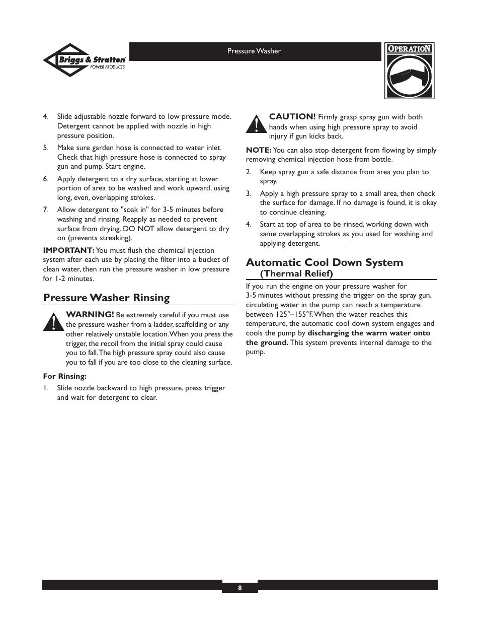 Pressure washer rinsing, Automatic cool down system | Briggs & Stratton Elite Series 01804 User Manual | Page 8 / 28