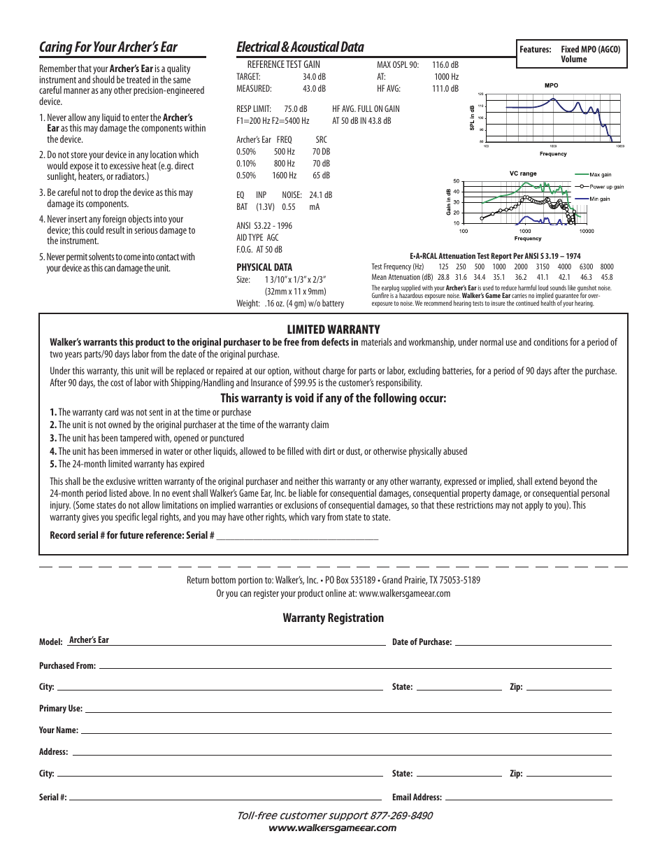Electrical & acoustical data, Caring for your archer’s ear, Limited warranty | Warranty registration | Walker's Game Ear Archer's Ear User Manual | Page 2 / 2
