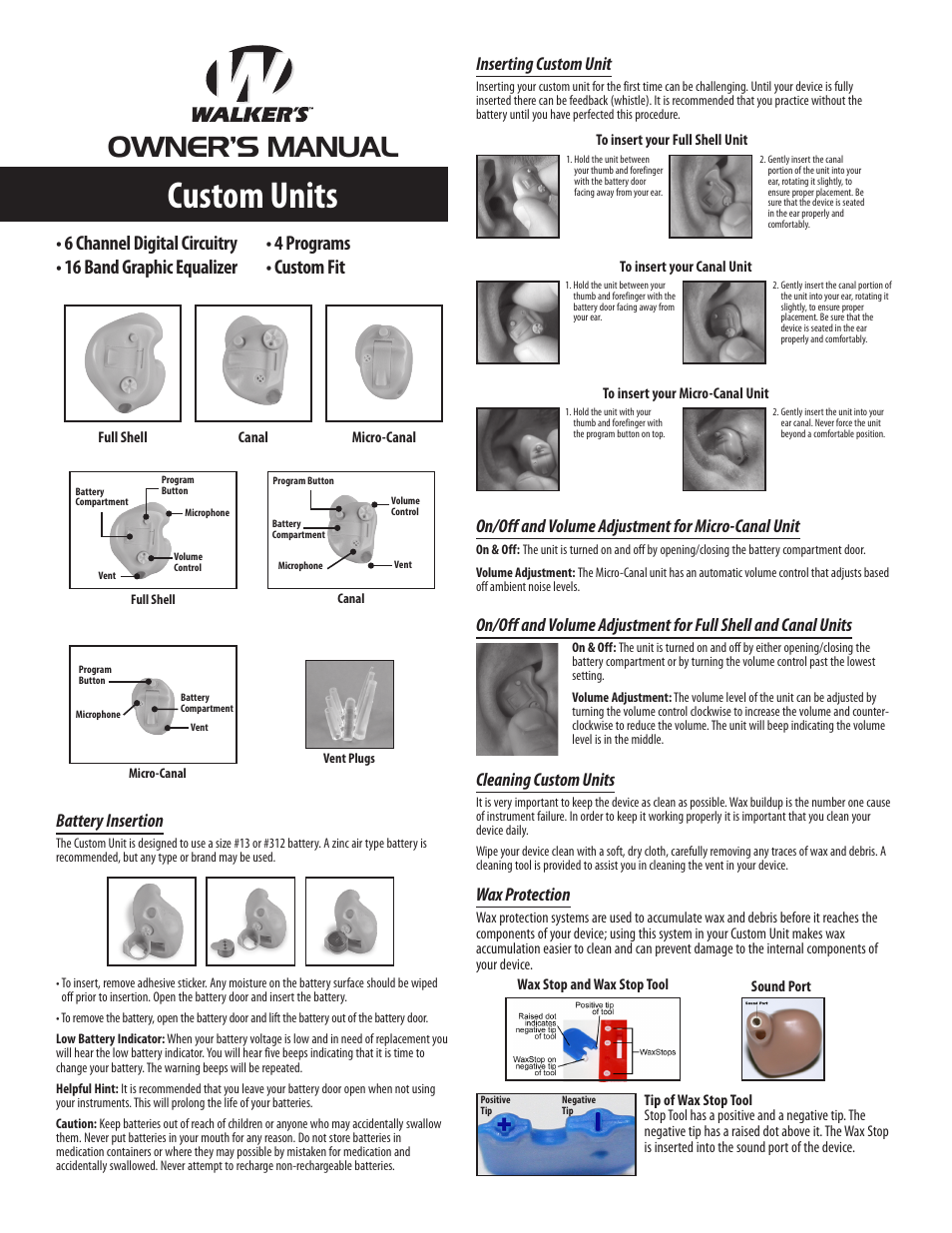 Walker's Game Ear Custom Ear User Manual | 2 pages