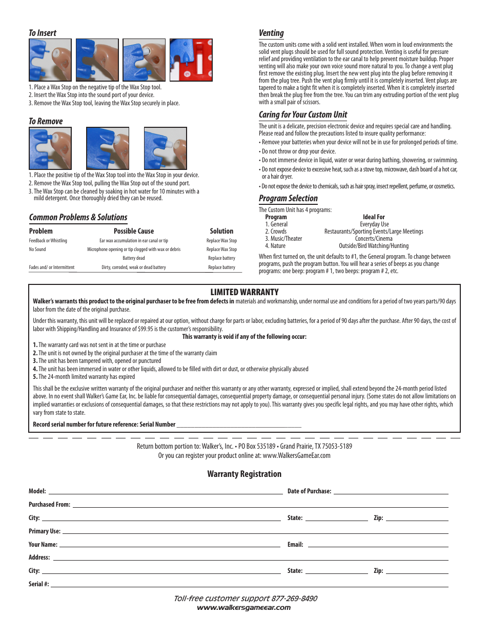 Warranty registration, Caring for your custom unit, Common problems & solutions | Program selection, Venting | Walker's Game Ear Custom Ear User Manual | Page 2 / 2
