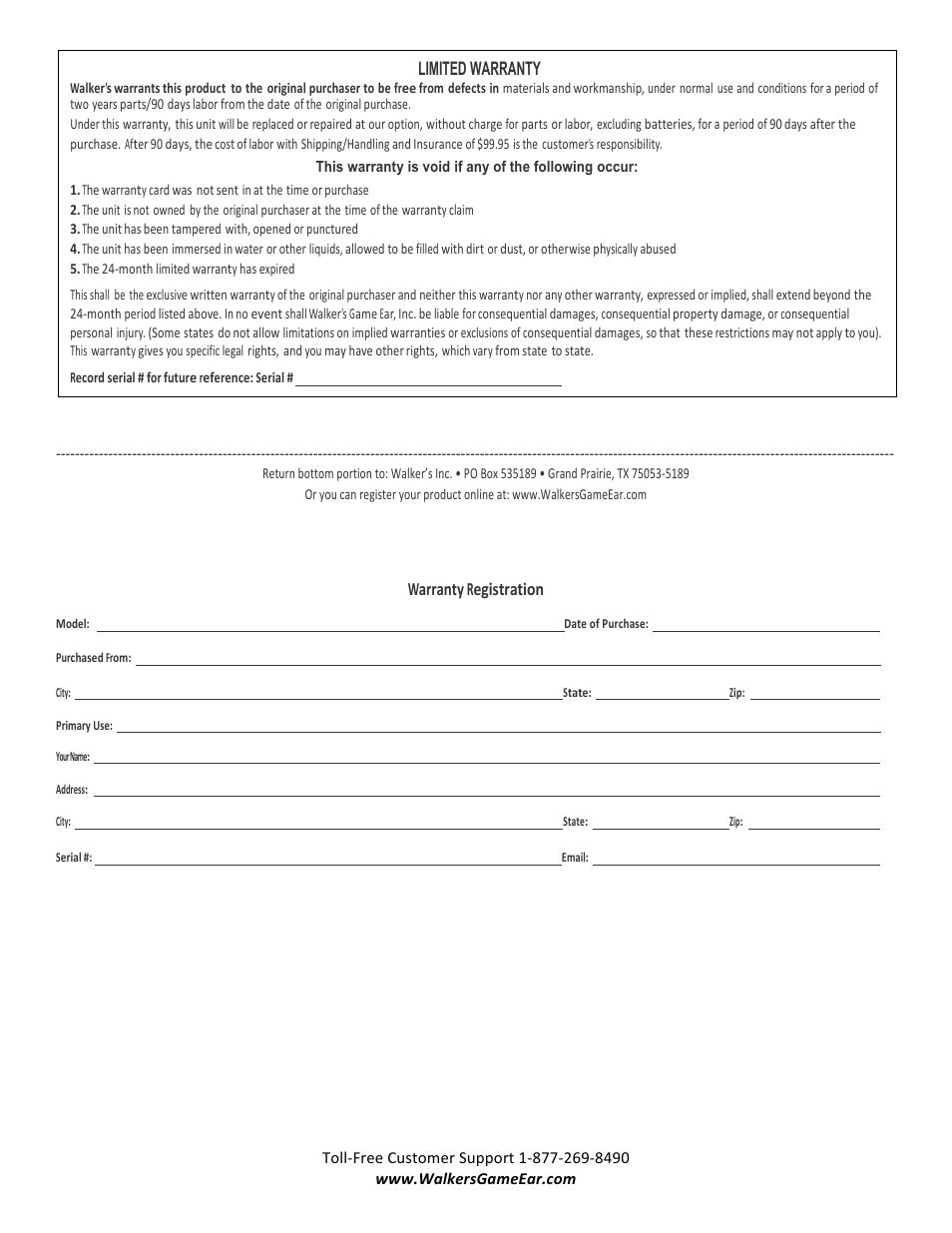 Wge-xge1 owners manual part2, Warranty registration, Limited warranty | Walker's Game Ear Digital HD Elite User Manual | Page 2 / 2